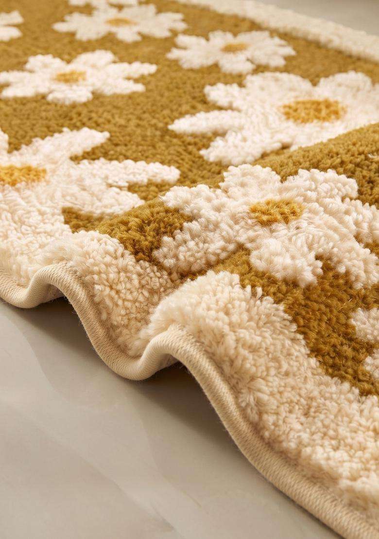 Saffron Rugs Hand Tufted Cotton Bath Mat | Mustard Yellow Rectangular | Anti Slip Backing | Casual Floral Bathroom Rug - Indya