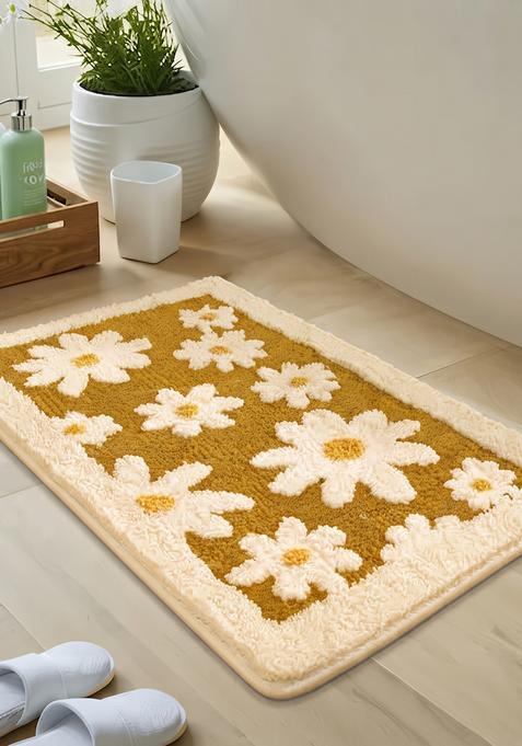 Saffron Rugs Hand Tufted Cotton Bath Mat | Mustard Yellow Rectangular | Anti Slip Backing | Casual Floral Bathroom Rug