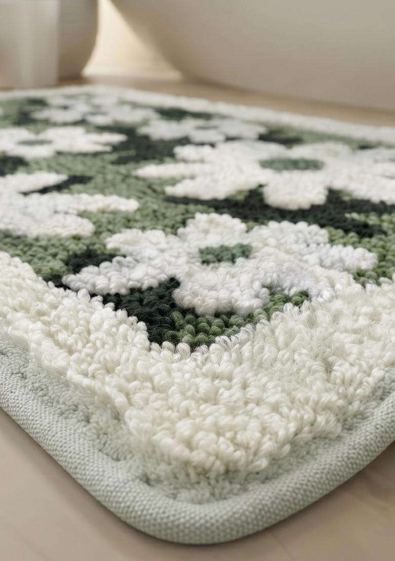 Saffron Rugs Hand Tufted Cotton Bath Mat | Green and White 2 Rectangular | Anti Slip Backing | Casual Floral Bathroom Rug - Indya