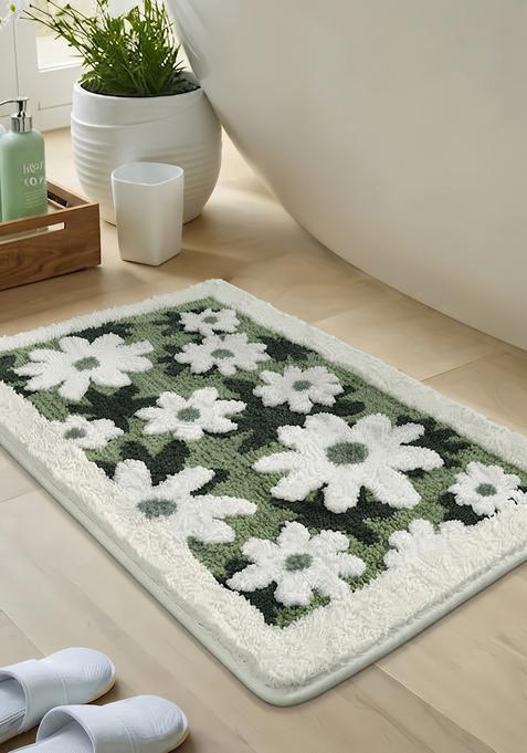 Saffron Rugs Hand Tufted Cotton Bath Mat | Green and White 2 Rectangular | Anti Slip Backing | Casual Floral Bathroom Rug