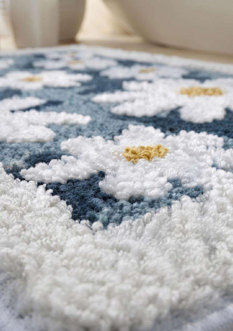 Saffron Rugs Hand Tufted Cotton Bath Mat | Steel Blue Rectangular | Anti Slip Backing | Casual Floral Bathroom Rug - Indya