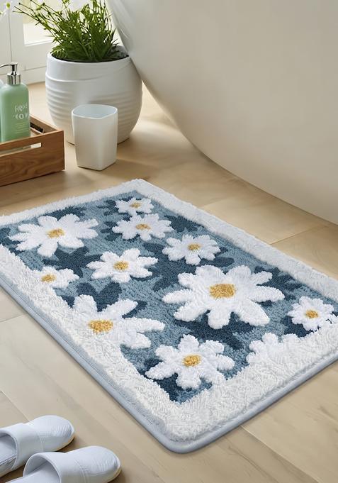 Saffron Rugs Hand Tufted Cotton Bath Mat | Steel Blue Rectangular | Anti Slip Backing | Casual Floral Bathroom Rug