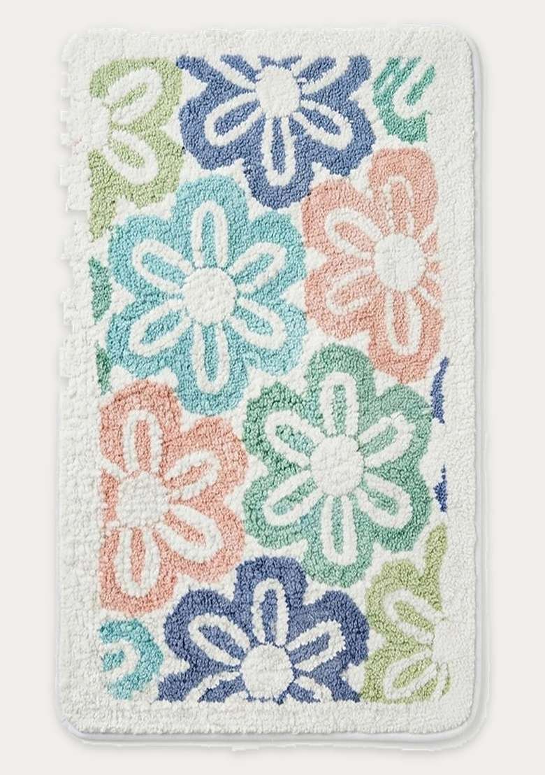Saffron Rugs Hand Tufted Cotton Bath Mat | Multicolor Pastel Rectangular | Anti Slip Backing | Casual Floral Bathroom Rug - Indya