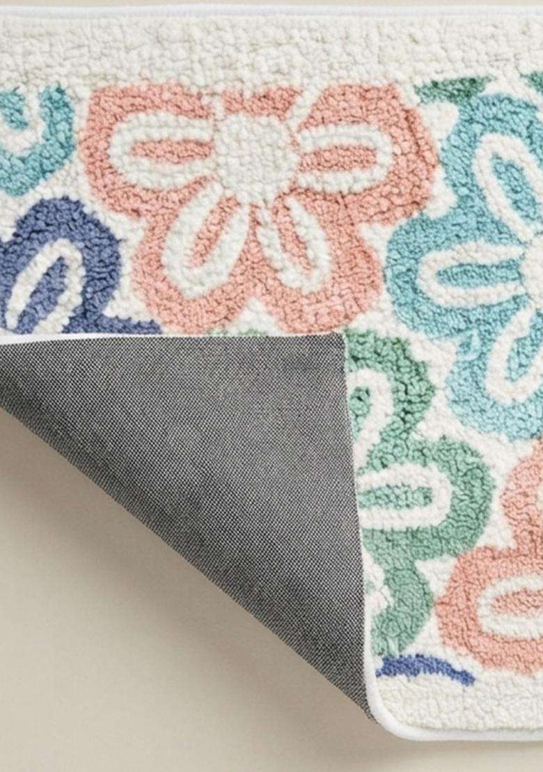 Saffron Rugs Hand Tufted Cotton Bath Mat | Multicolor Pastel Rectangular | Anti Slip Backing | Casual Floral Bathroom Rug - Indya