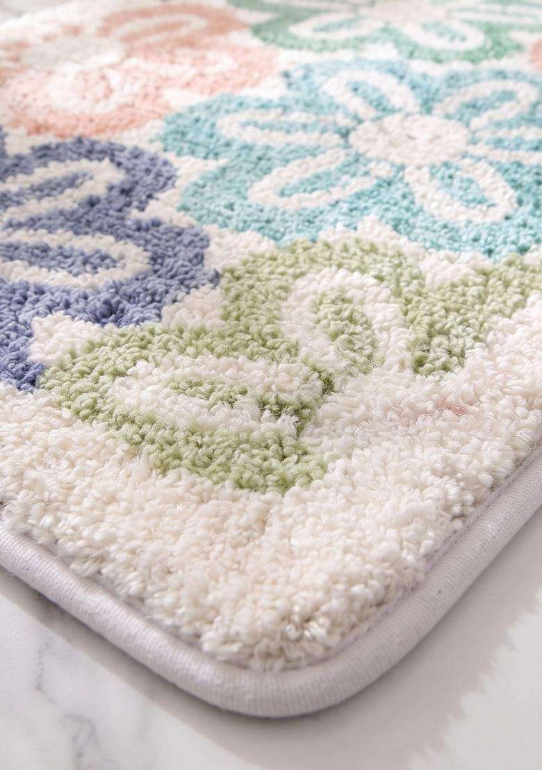 Saffron Rugs Hand Tufted Cotton Bath Mat | Multicolor Pastel Rectangular | Anti Slip Backing | Casual Floral Bathroom Rug - Indya
