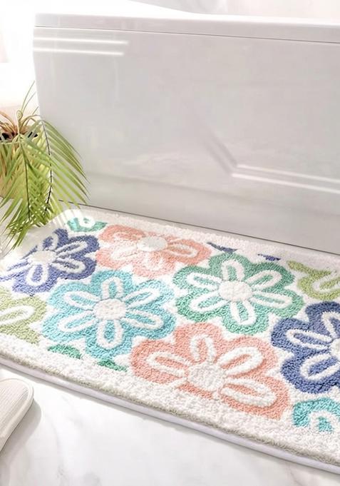 Saffron Rugs Hand Tufted Cotton Bath Mat | Multicolor Pastel Rectangular | Anti Slip Backing | Casual Floral Bathroom Rug