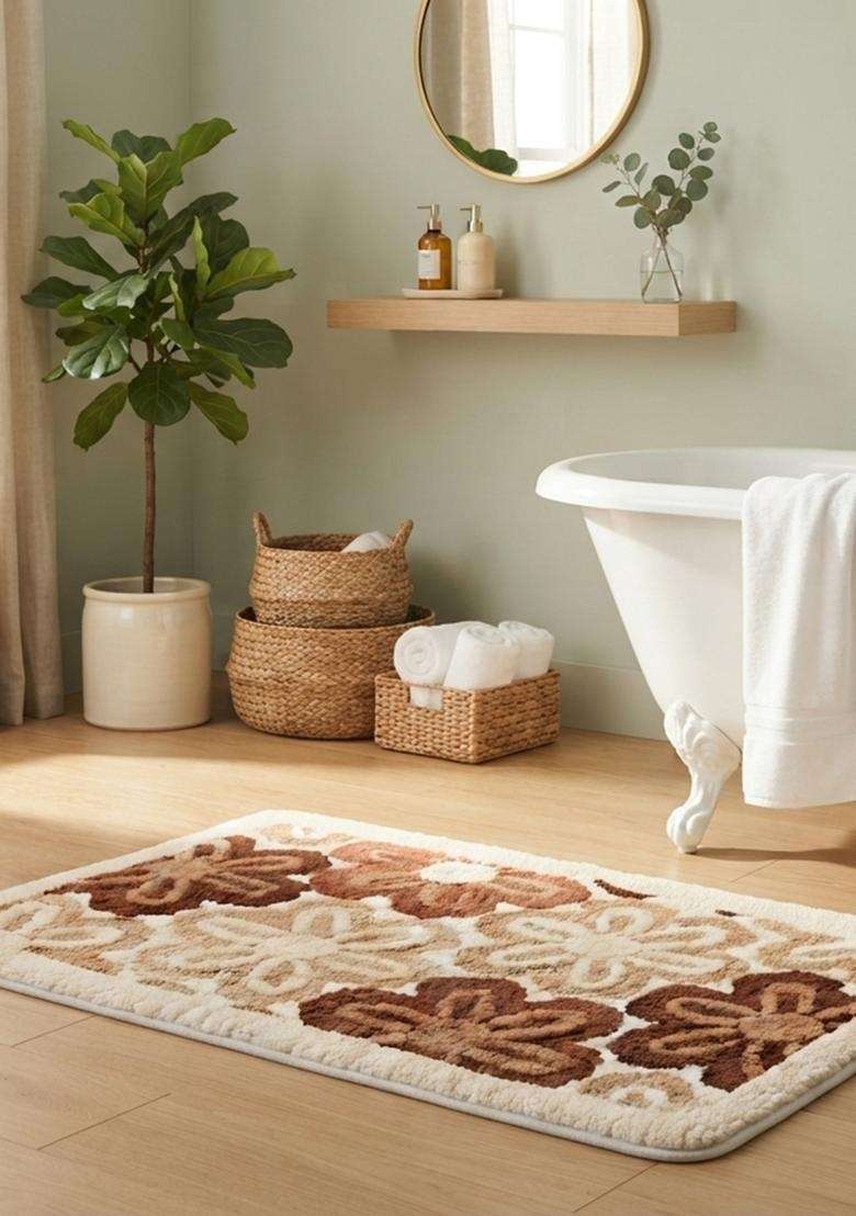 Saffron Rugs Hand Tufted Cotton Bath Mat | Cream Brown Rectangular | Anti Slip Backing | Casual Floral Bathroom Rug - Indya