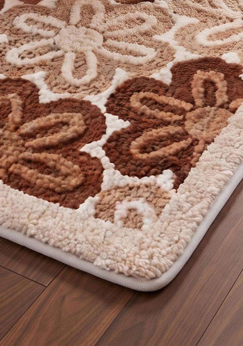 Saffron Rugs Hand Tufted Cotton Bath Mat | Cream Brown Rectangular | Anti Slip Backing | Casual Floral Bathroom Rug - Indya