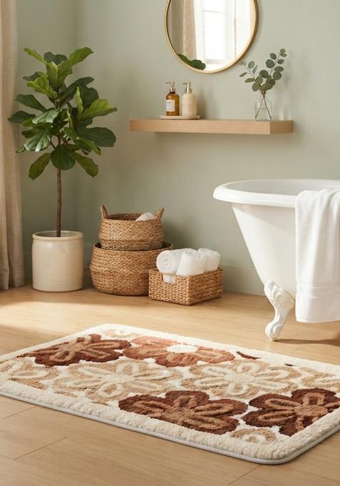 Saffron Rugs Hand Tufted Cotton Bath Mat | Cream Brown Rectangular | Anti Slip Backing | Casual Floral Bathroom Rug