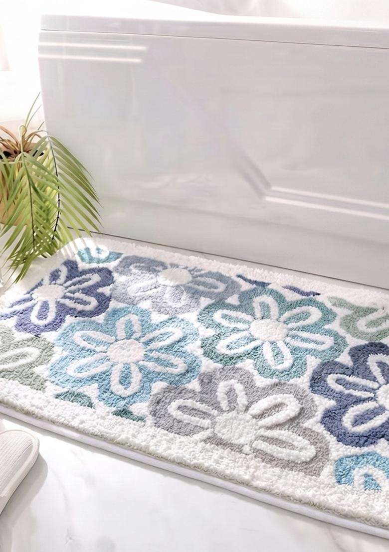 Saffron Rugs Hand Tufted Cotton Bath Mat | Blue Multicolor Rectangular | Anti Slip Backing | Casual Floral Bathroom Rug - Indya