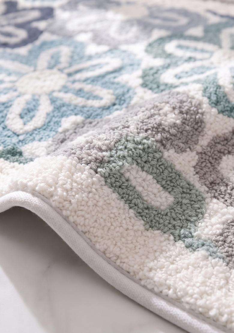 Saffron Rugs Hand Tufted Cotton Bath Mat | Blue Multicolor Rectangular | Anti Slip Backing | Casual Floral Bathroom Rug - Indya