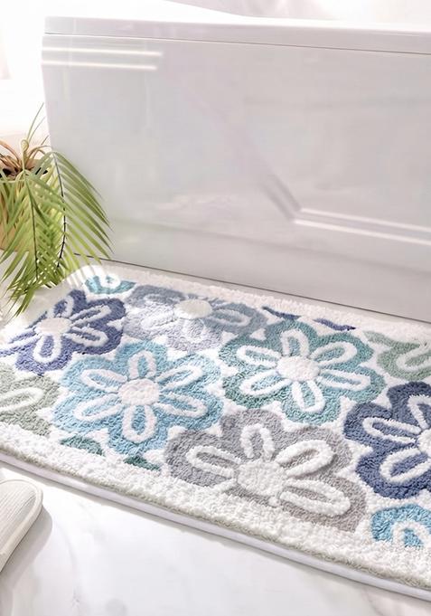 Saffron Rugs Hand Tufted Cotton Bath Mat | Blue Multicolor Rectangular | Anti Slip Backing | Casual Floral Bathroom Rug