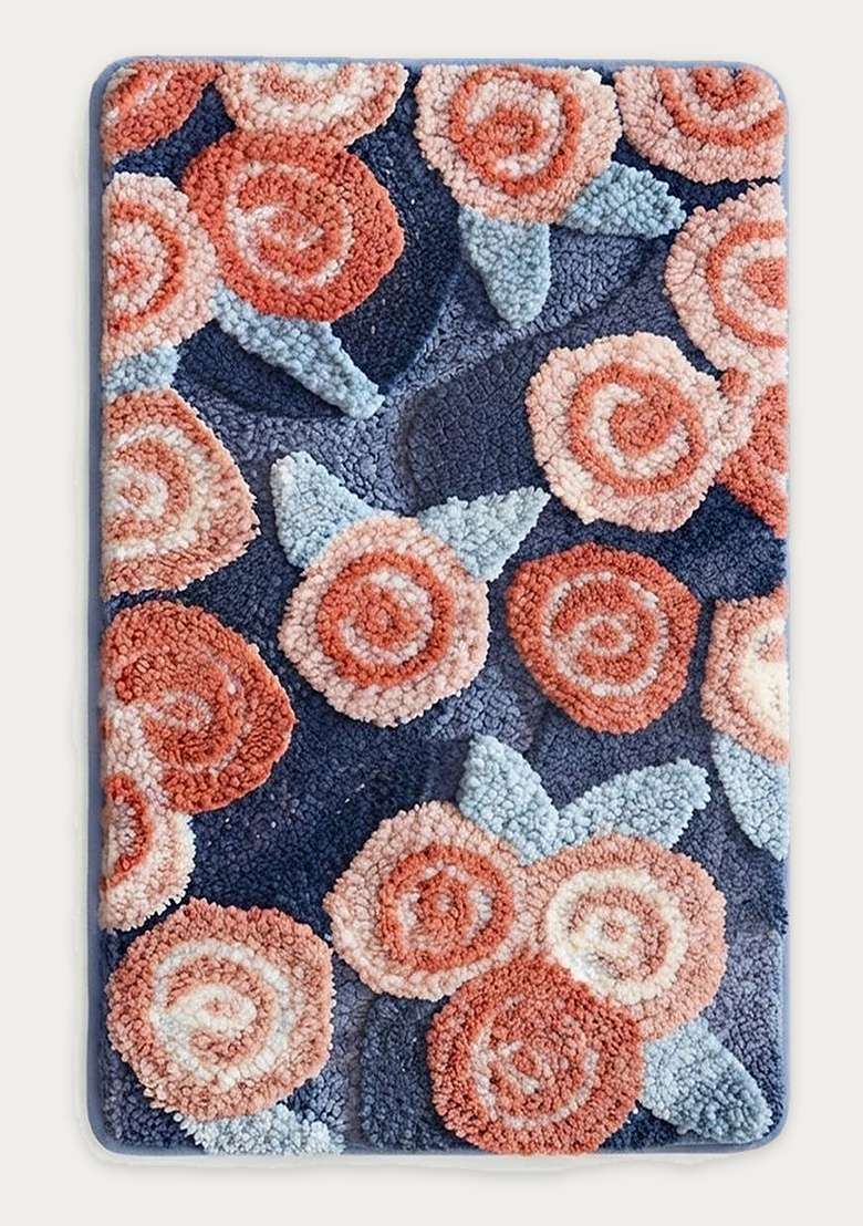 Saffron Rugs Hand Tufted Cotton Bath Mat | Navy Blue Rectangular | Anti Slip Backing | Casual Floral Bathroom Rug - Indya