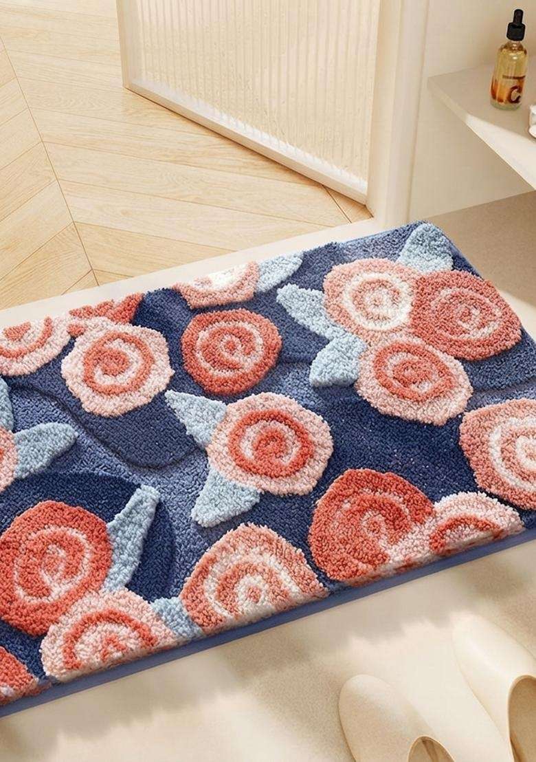 Saffron Rugs Hand Tufted Cotton Bath Mat | Navy Blue Rectangular | Anti Slip Backing | Casual Floral Bathroom Rug - Indya