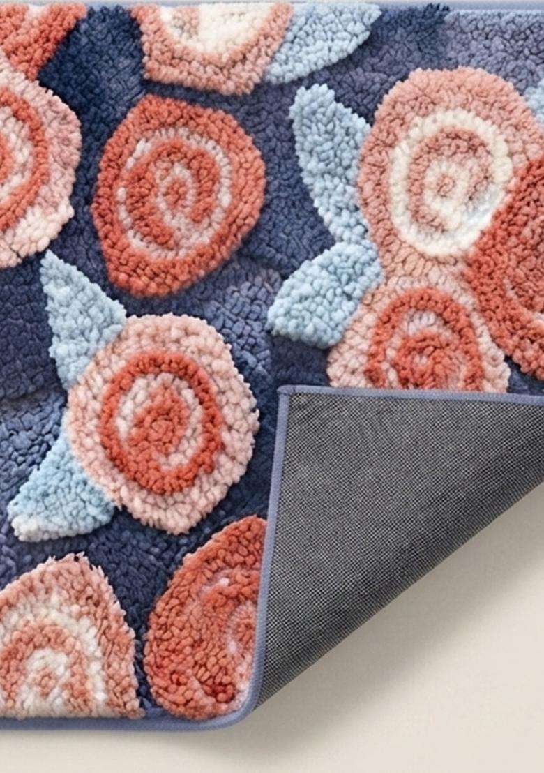 Saffron Rugs Hand Tufted Cotton Bath Mat | Navy Blue Rectangular | Anti Slip Backing | Casual Floral Bathroom Rug - Indya