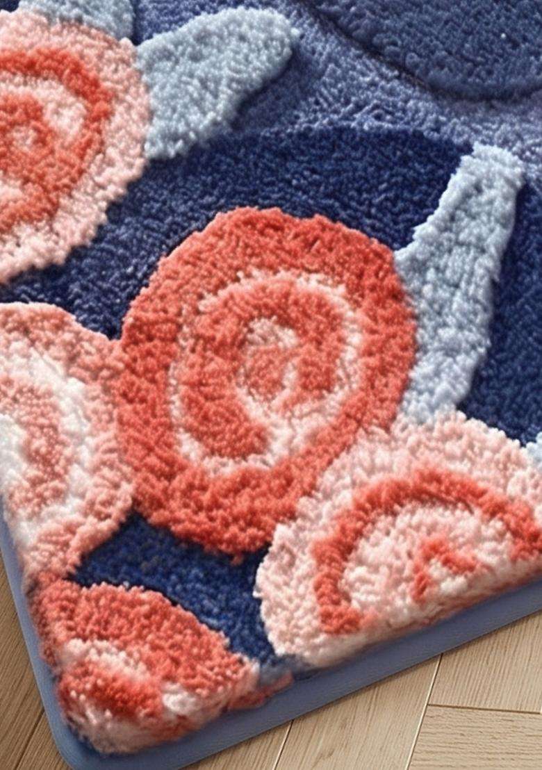 Saffron Rugs Hand Tufted Cotton Bath Mat | Navy Blue Rectangular | Anti Slip Backing | Casual Floral Bathroom Rug - Indya