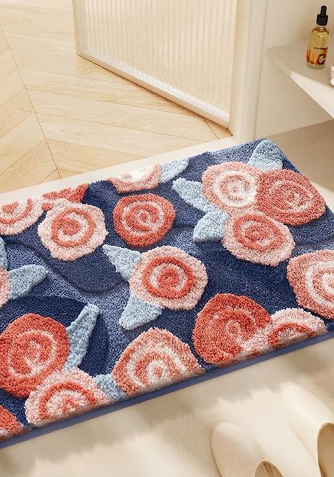 Saffron Rugs Hand Tufted Cotton Bath Mat | Navy Blue Rectangular | Anti Slip Backing | Casual Floral Bathroom Rug