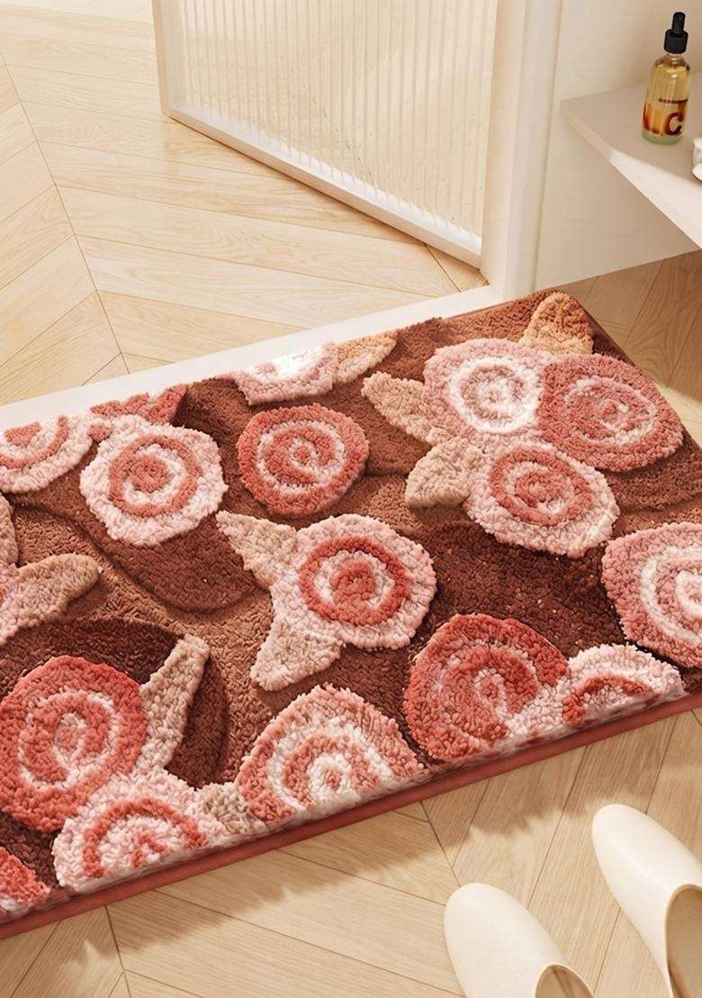 Saffron Rugs Hand Tufted Cotton Bath Mat | Brown Pink Rectangular | Anti Slip Backing | Casual Floral Bathroom Rug - Indya