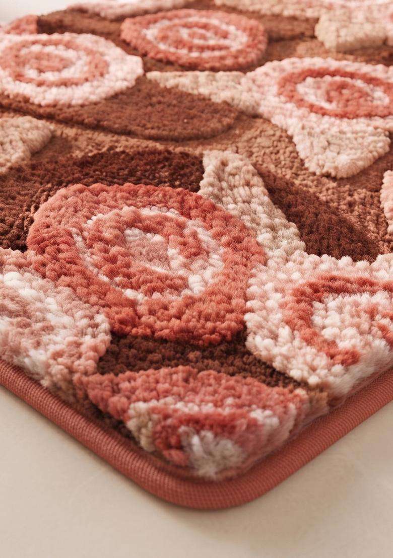 Saffron Rugs Hand Tufted Cotton Bath Mat | Brown Pink Rectangular | Anti Slip Backing | Casual Floral Bathroom Rug - Indya