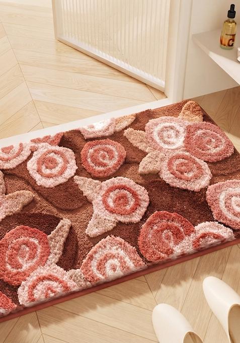 Saffron Rugs Hand Tufted Cotton Bath Mat | Brown Pink Rectangular | Anti Slip Backing | Casual Floral Bathroom Rug