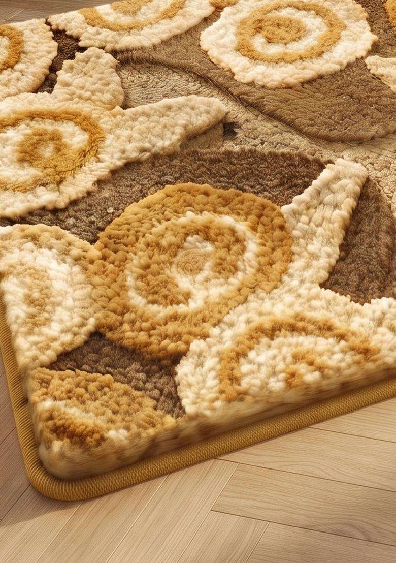 Saffron Rugs Hand Tufted Cotton Bath Mat | Gold Beige Rectangular | Anti Slip Backing | Casual Floral Bathroom Rug - Indya