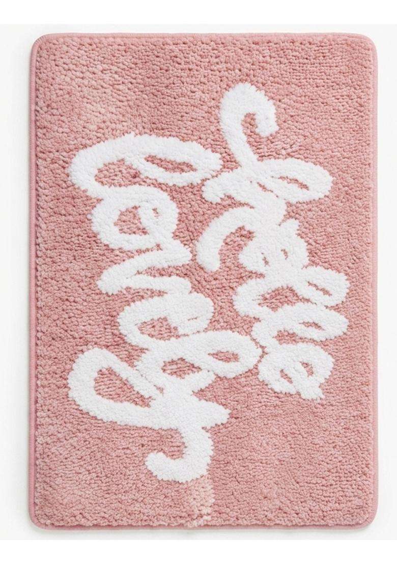 Saffron Rugs Hand Tufted Cotton Bath Mat | Pink Rectangular | Anti Slip Backing | Casual Typography BATHMATS Bathroom Rug - Indya