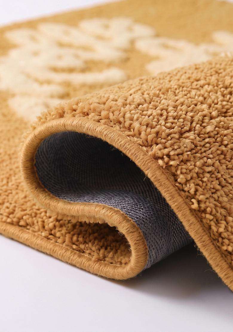 Saffron Rugs Hand Tufted Cotton Bath Mat | Mustard Yellow Rectangular | Anti Slip Backing | Casual Typography BATHMATS Bathroom Rug - Indya