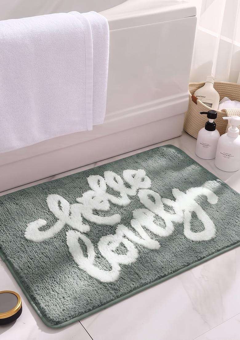 Saffron Rugs Hand Tufted Cotton Bath Mat | Sage Green Rectangular | Anti Slip Backing | Casual Typography BATHMATS Bathroom Rug - Indya