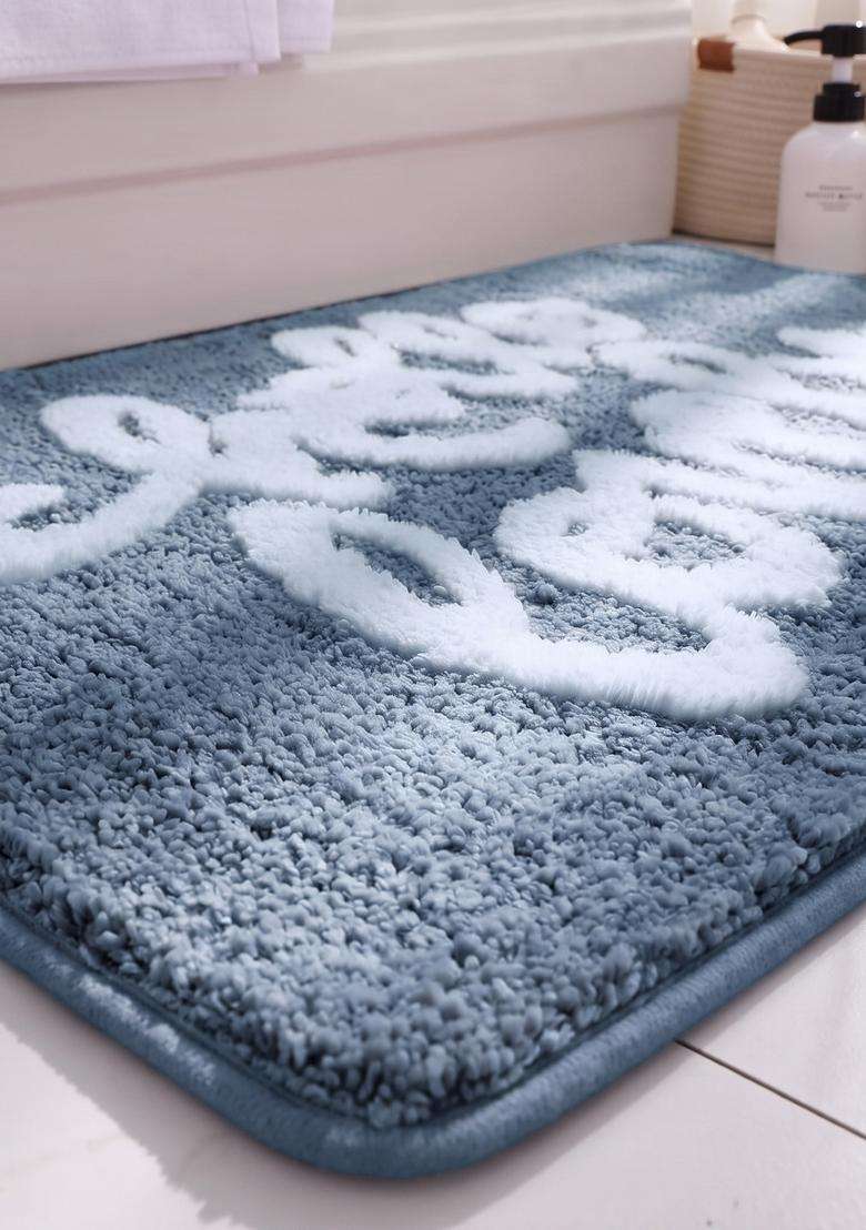 Saffron Rugs Hand Tufted Cotton Bath Mat | Dusty Blue Rectangular | Anti Slip Backing | Casual Typography BATHMATS Bathroom Rug - Indya