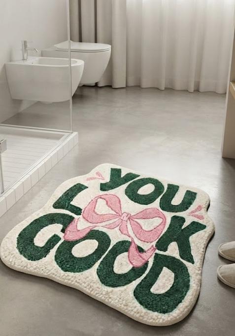 Saffron Rugs Hand Tufted Cotton Bath Mat | White Green Pink Scalloped | Anti Slip Backing | Contemporary Typography BATHMATS Bathroom Rug