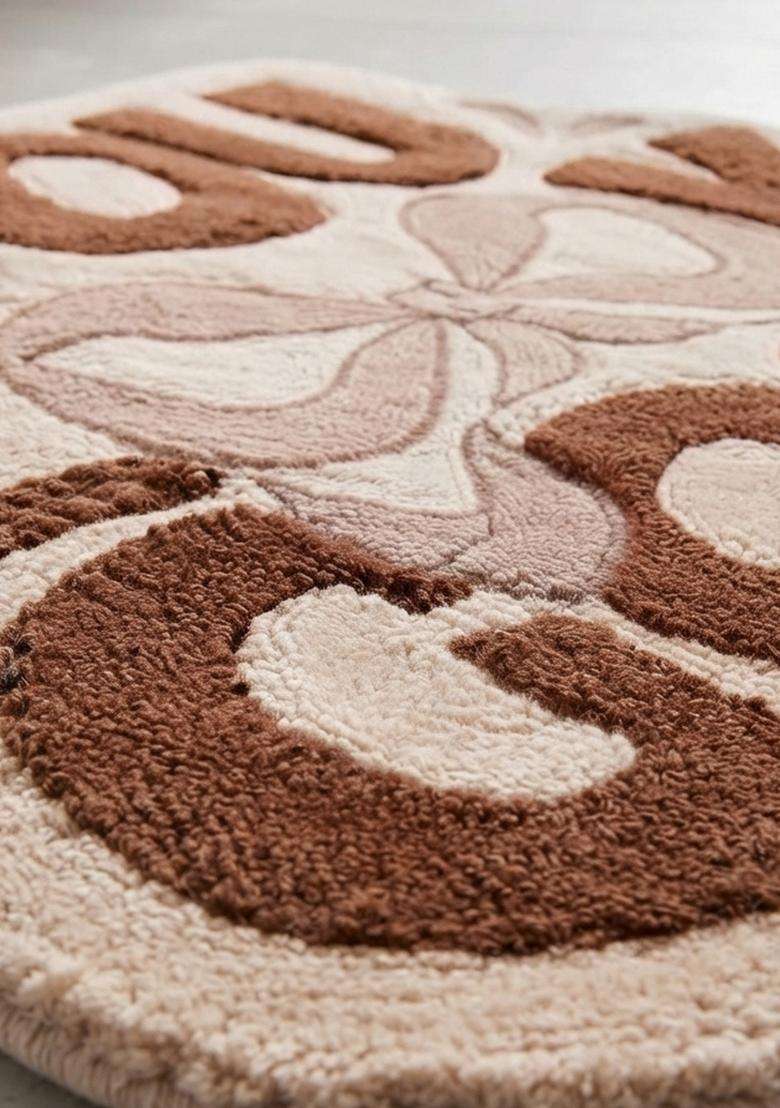 Saffron Rugs Hand Tufted Cotton Bath Mat | Cream Brown Scalloped | Anti Slip Backing | Contemporary Typography BATHMATS Bathroom Rug - Indya