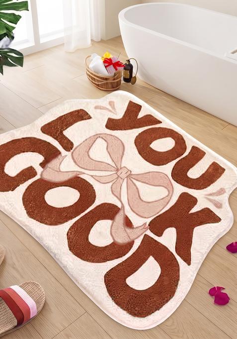 Saffron Rugs Hand Tufted Cotton Bath Mat | Cream Brown Scalloped | Anti Slip Backing | Contemporary Typography BATHMATS Bathroom Rug