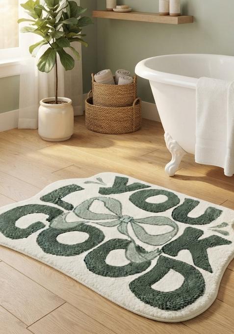 Saffron Rugs Hand Tufted Cotton Bath Mat | Green and White Scalloped | Anti Slip Backing | Contemporary Typography BATHMATS Bathroom Rug