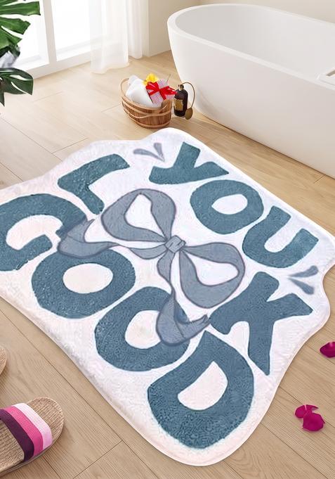 Saffron Rugs Hand Tufted Cotton Bath Mat | Teal White Scalloped | Anti Slip Backing | Contemporary Typography BATHMATS Bathroom Rug