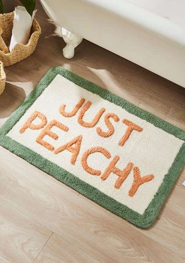 Saffron Rugs Hand Tufted Cotton Bath Mat | Cream and Green Rectangular | Anti Slip Backing | Casual Typography BATHMATS Bathroom Rug - Indya