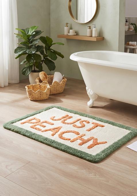 Saffron Rugs Hand Tufted Cotton Bath Mat | Cream and Green Rectangular | Anti Slip Backing | Casual Typography BATHMATS Bathroom Rug