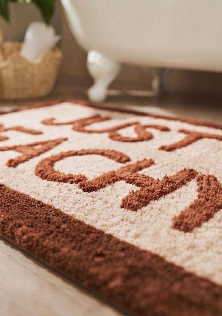 Saffron Rugs Hand Tufted Cotton Bath Mat | Brown Peach Rectangular | Anti Slip Backing | Casual Typography BATHMATS Bathroom Rug - Indya