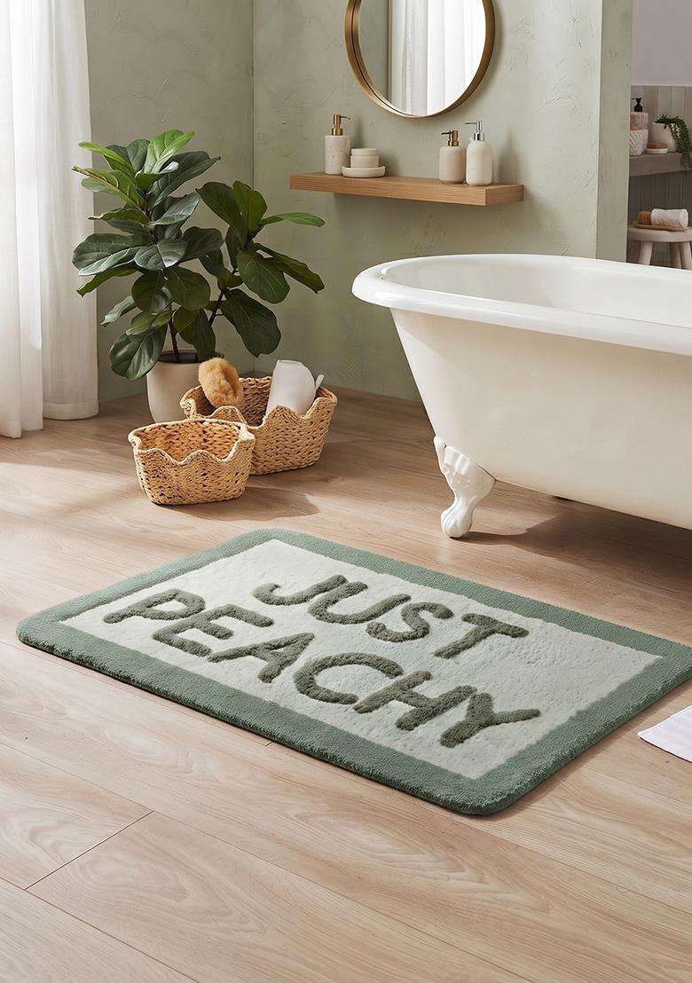 Saffron Rugs Hand Tufted Cotton Bath Mat | Sage Green Rectangular | Anti Slip Backing | Casual Typography BATHMATS Bathroom Rug - Indya