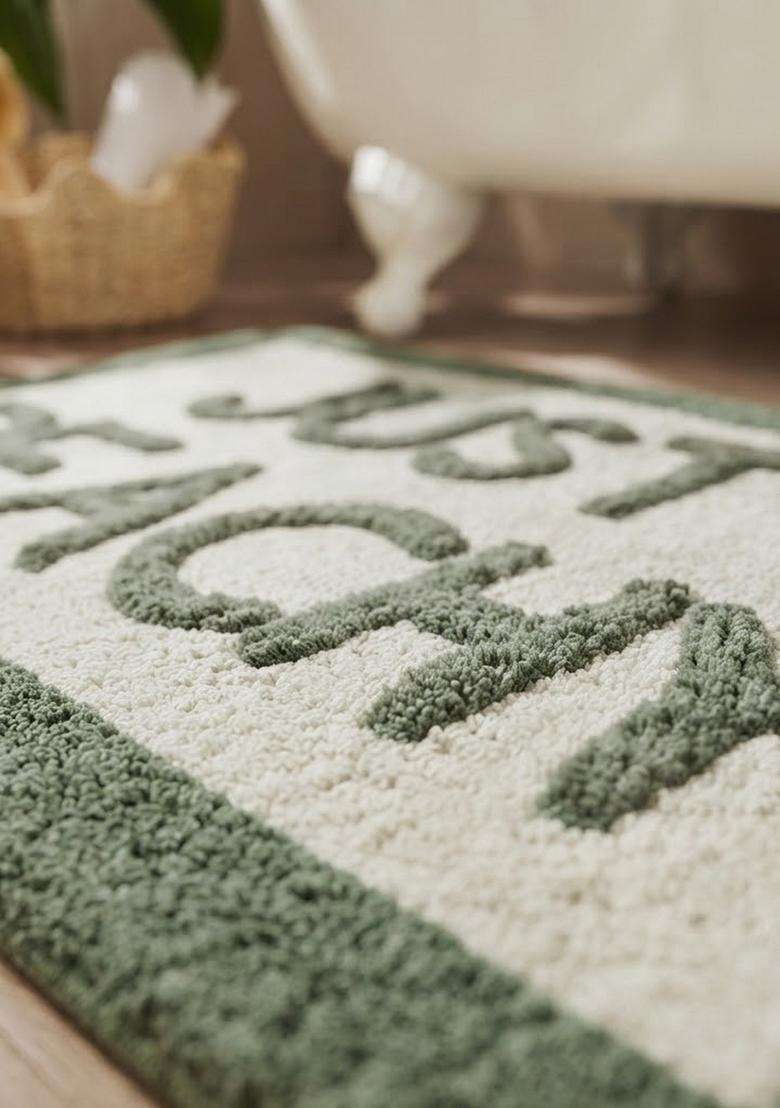 Saffron Rugs Hand Tufted Cotton Bath Mat | Sage Green Rectangular | Anti Slip Backing | Casual Typography BATHMATS Bathroom Rug - Indya