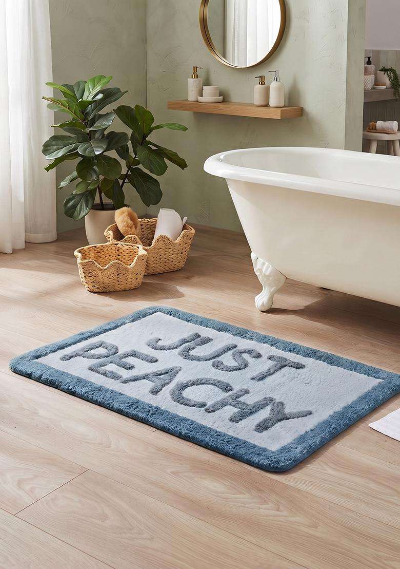 Saffron Rugs Hand Tufted Cotton Bath Mat | Blue Grey Rectangular | Anti Slip Backing | Casual Typography BATHMATS Bathroom Rug - Indya