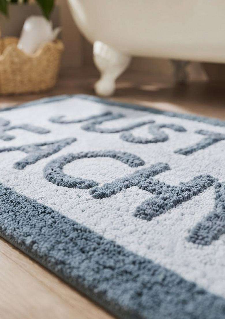 Saffron Rugs Hand Tufted Cotton Bath Mat | Blue Grey Rectangular | Anti Slip Backing | Casual Typography BATHMATS Bathroom Rug - Indya