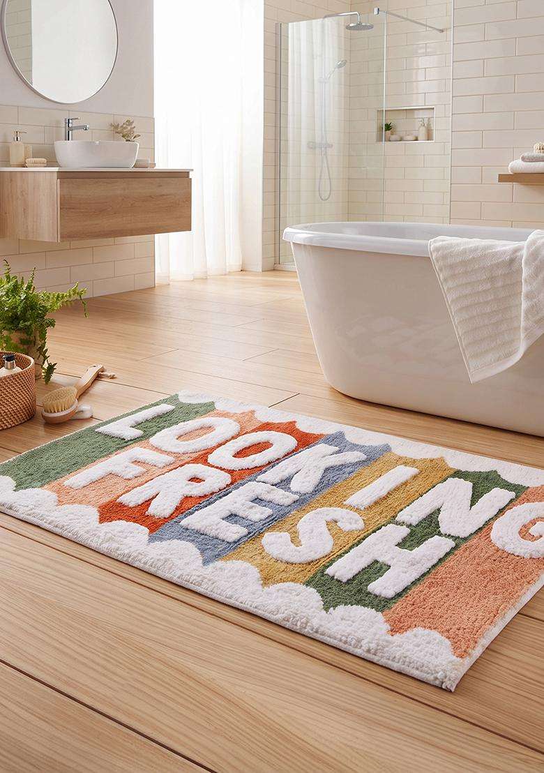 Saffron Rugs Hand Tufted Cotton Bath Mat | Multicolor Rectangular | Anti Slip Backing | Retro Typography BATHMATS Bathroom Rug - Indya