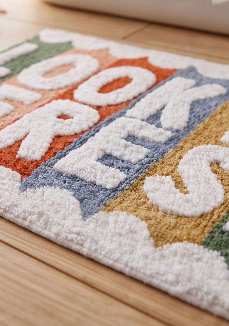 Saffron Rugs Hand Tufted Cotton Bath Mat | Multicolor Rectangular | Anti Slip Backing | Retro Typography BATHMATS Bathroom Rug - Indya