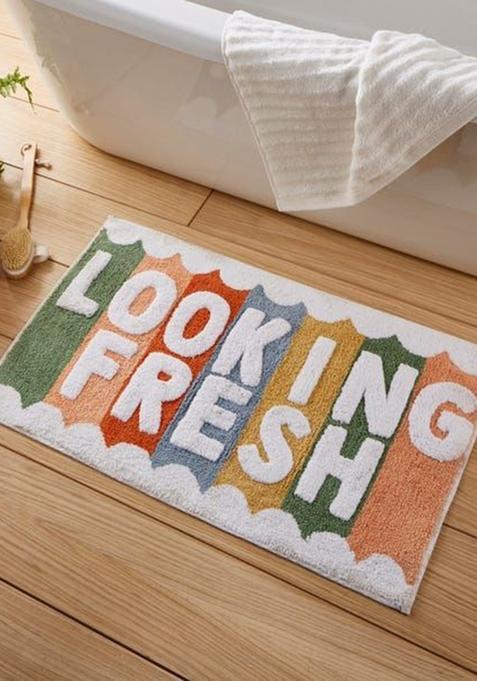 Saffron Rugs Hand Tufted Cotton Bath Mat | Multicolor Rectangular | Anti Slip Backing | Retro Typography BATHMATS Bathroom Rug