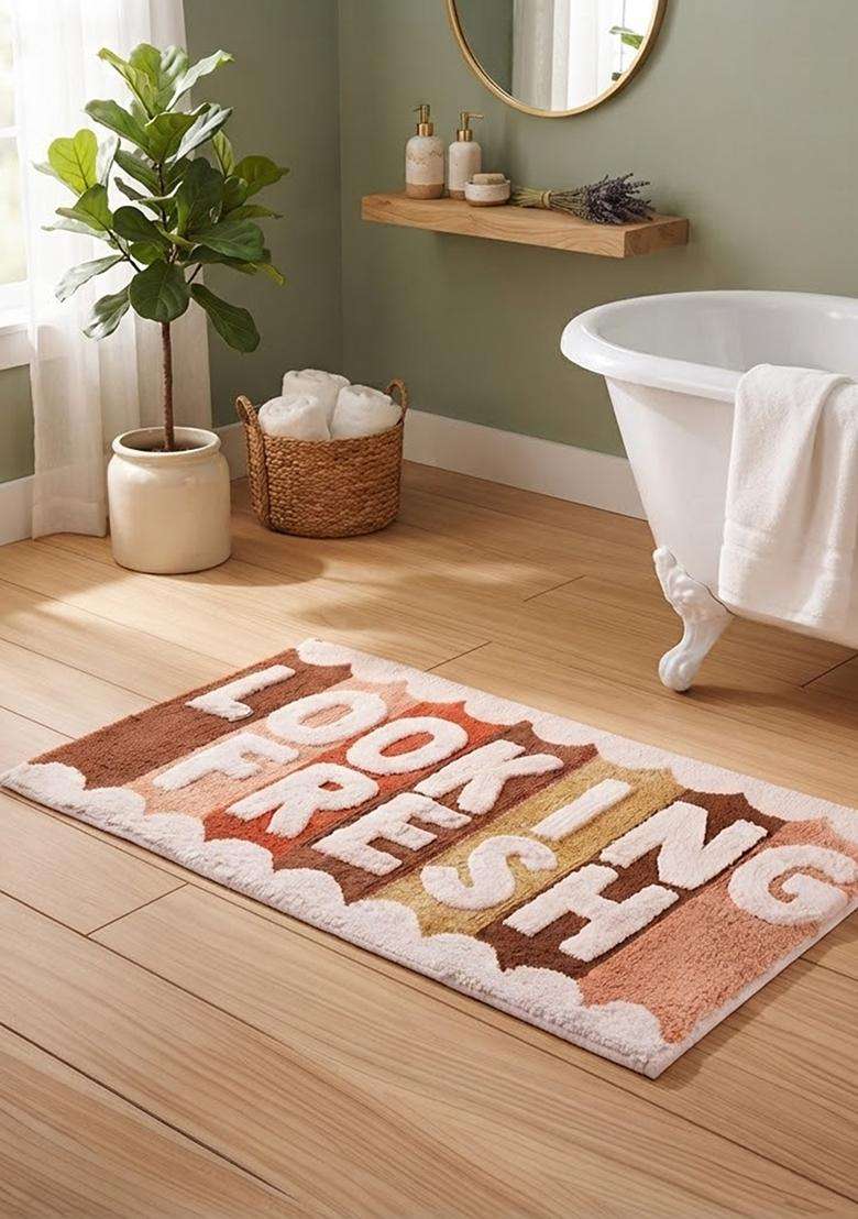 Saffron Rugs Hand Tufted Cotton Bath Mat | Multicolor 2 Rectangular | Anti Slip Backing | Retro Typography BATHMATS Bathroom Rug - Indya