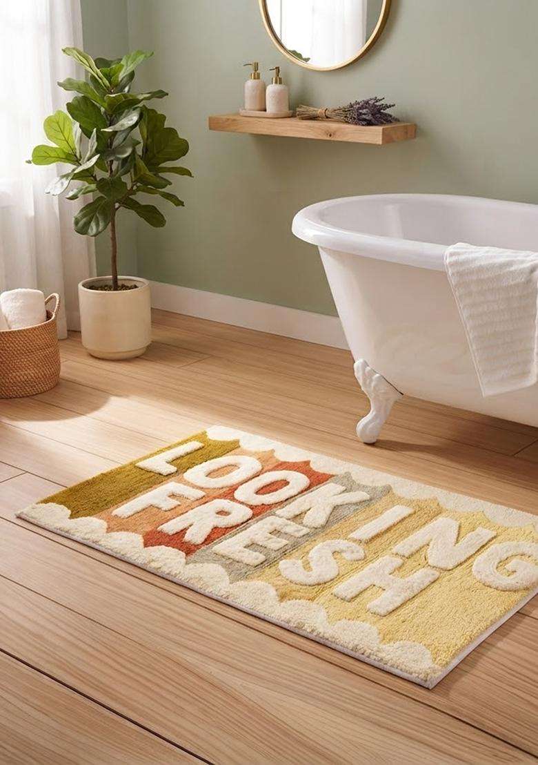 Saffron Rugs Hand Tufted Cotton Bath Mat | Multicolor Cream Rectangular | Anti Slip Backing | Retro Typography BATHMATS Bathroom Rug - Indya
