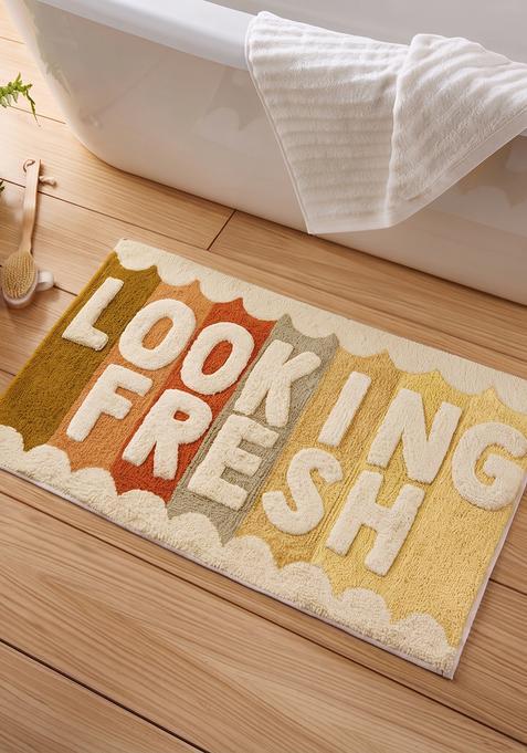 Saffron Rugs Hand Tufted Cotton Bath Mat | Multicolor Cream Rectangular | Anti Slip Backing | Retro Typography BATHMATS Bathroom Rug