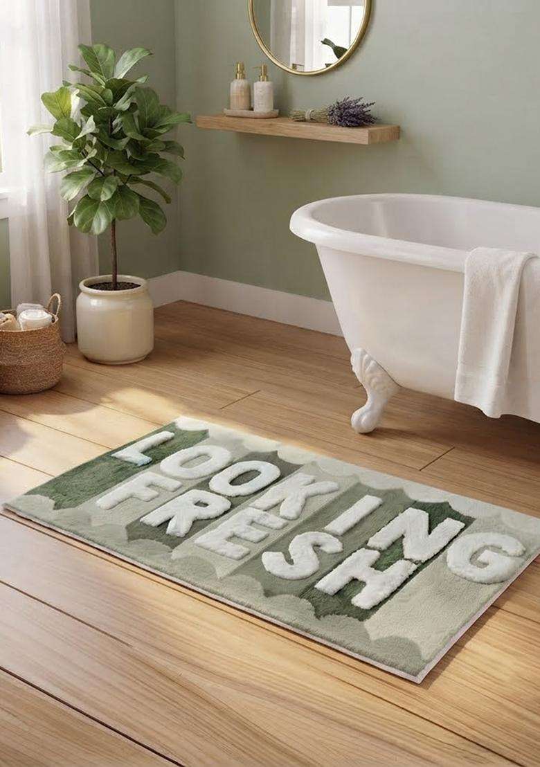 Saffron Rugs Hand Tufted Cotton Bath Mat | Sage Green Rectangular | Anti Slip Backing | Retro Typography BATHMATS Bathroom Rug - Indya