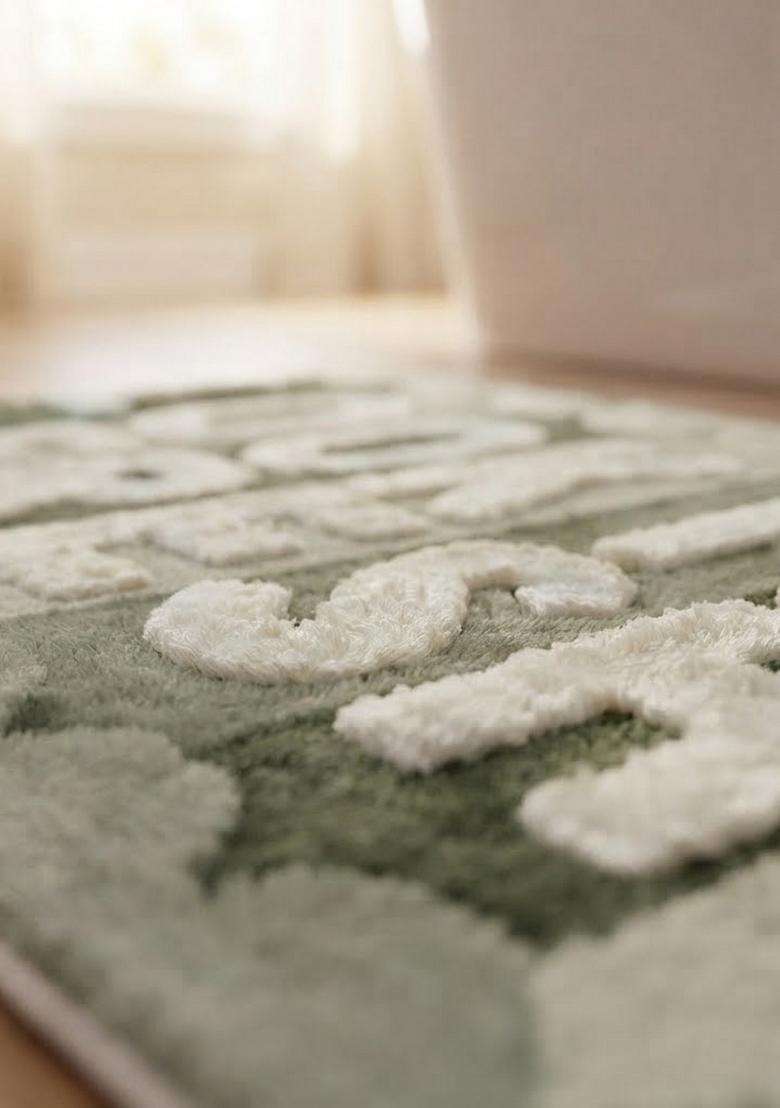 Saffron Rugs Hand Tufted Cotton Bath Mat | Sage Green Rectangular | Anti Slip Backing | Retro Typography BATHMATS Bathroom Rug - Indya