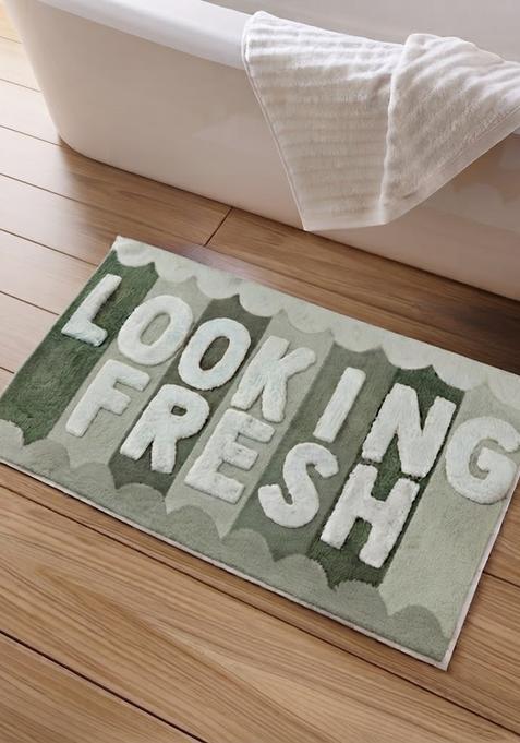 Saffron Rugs Hand Tufted Cotton Bath Mat | Sage Green Rectangular | Anti Slip Backing | Retro Typography BATHMATS Bathroom Rug